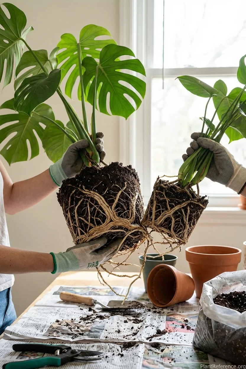 Mature monstera plant with exposed root system showing natural division points