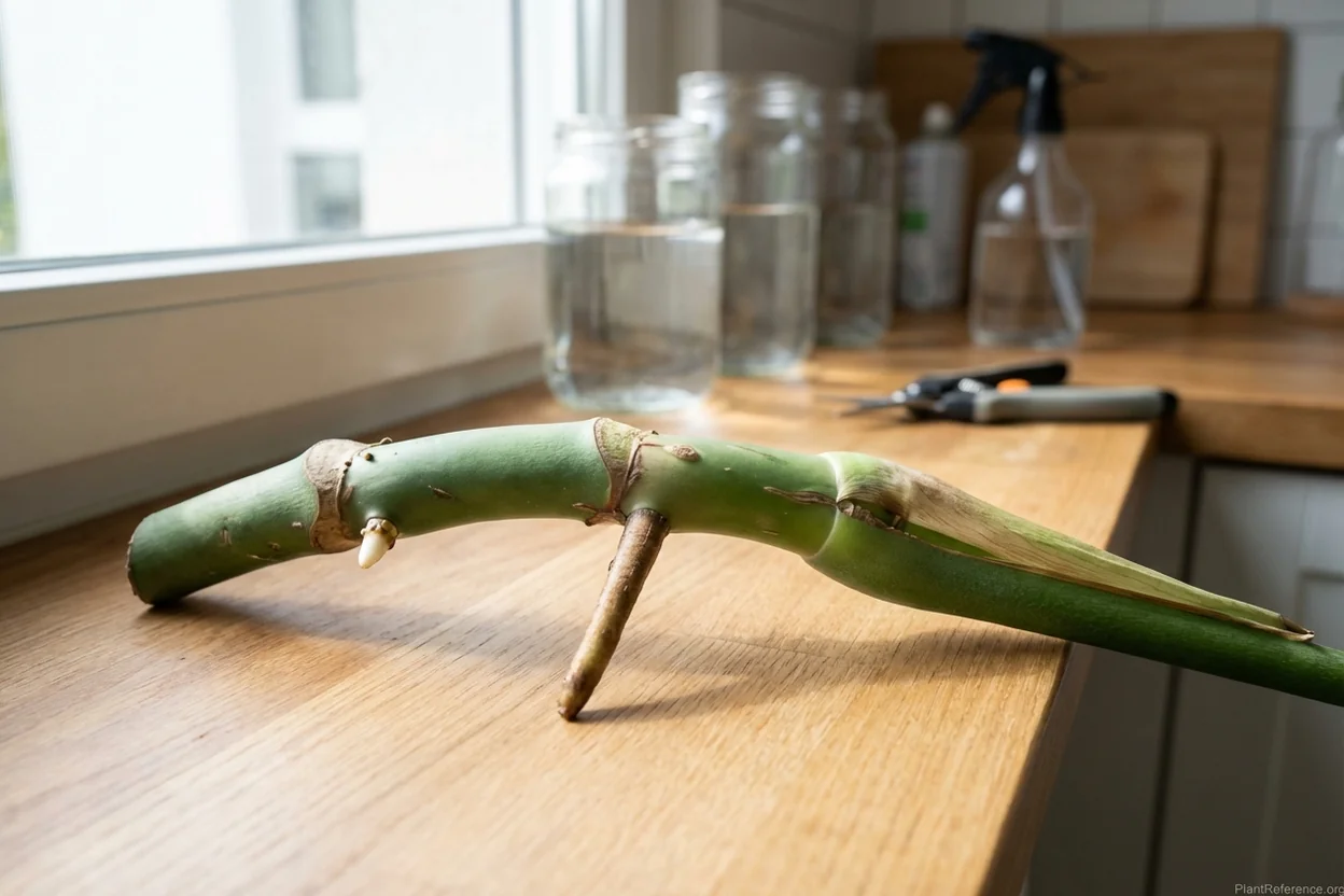 Monstera stem close-up showing nodes with aerial roots and cataphylls for propagation