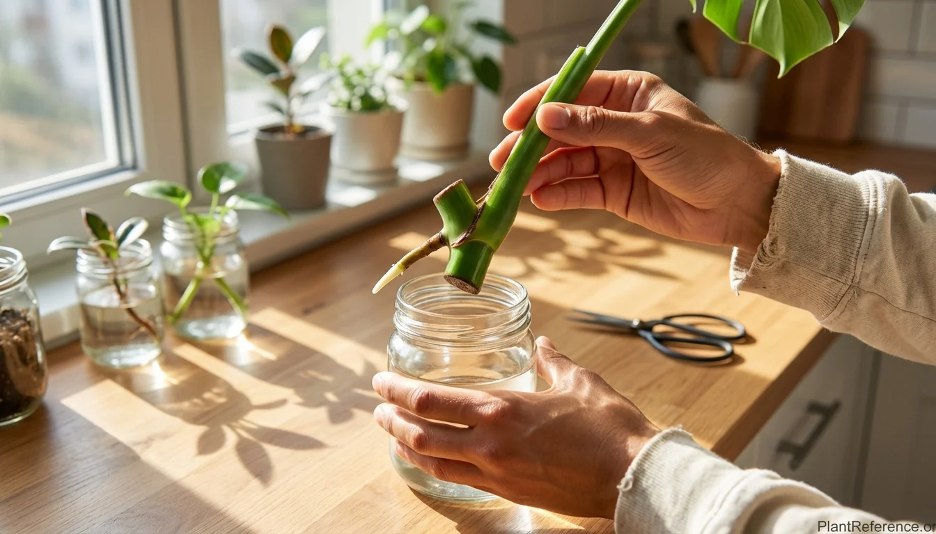 Monstera cutting with node and aerial root ready for propagation in glass jar