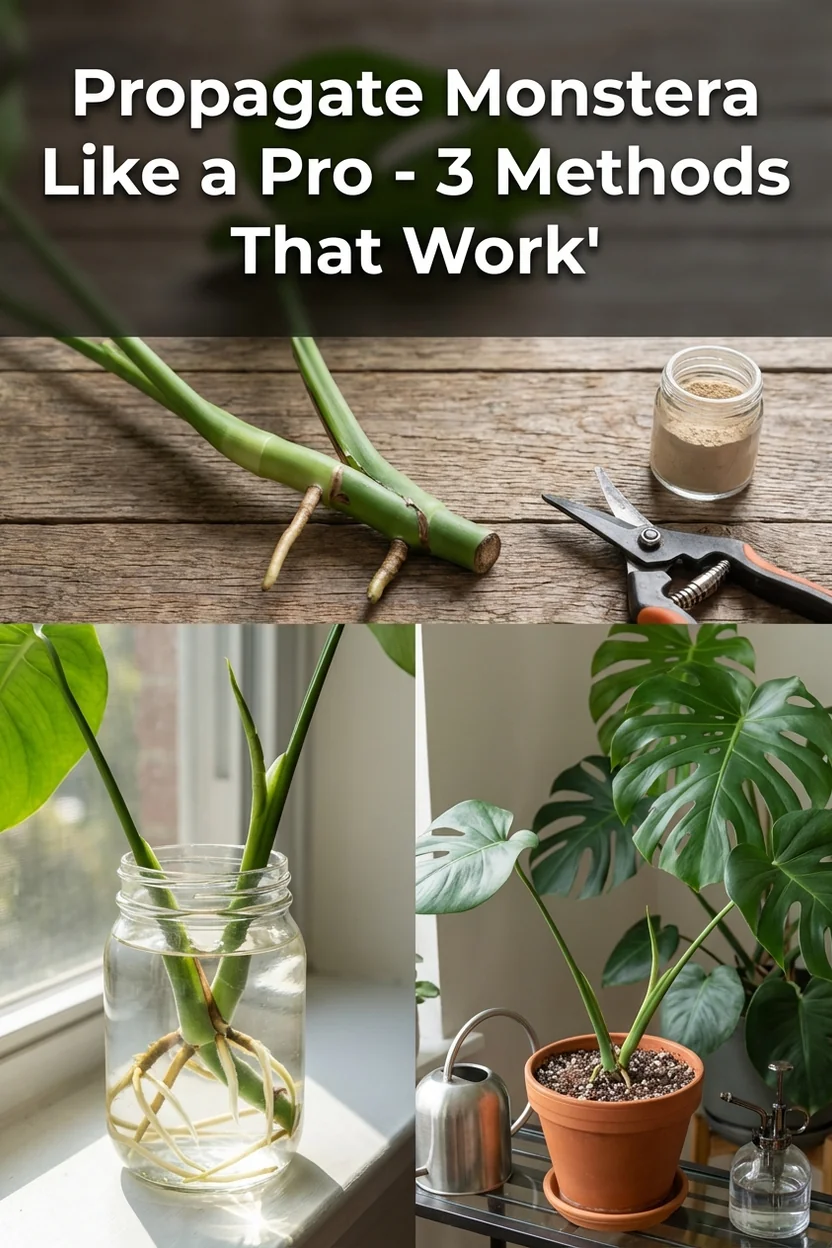 Step-by-step monstera propagation guide showing cutting, water, and soil methods