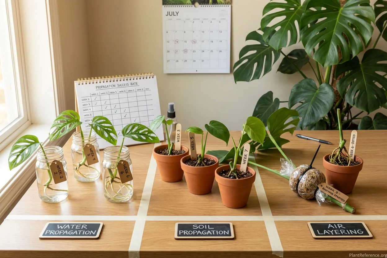Monstera propagation timeline chart comparing water, soil, and air layering methods