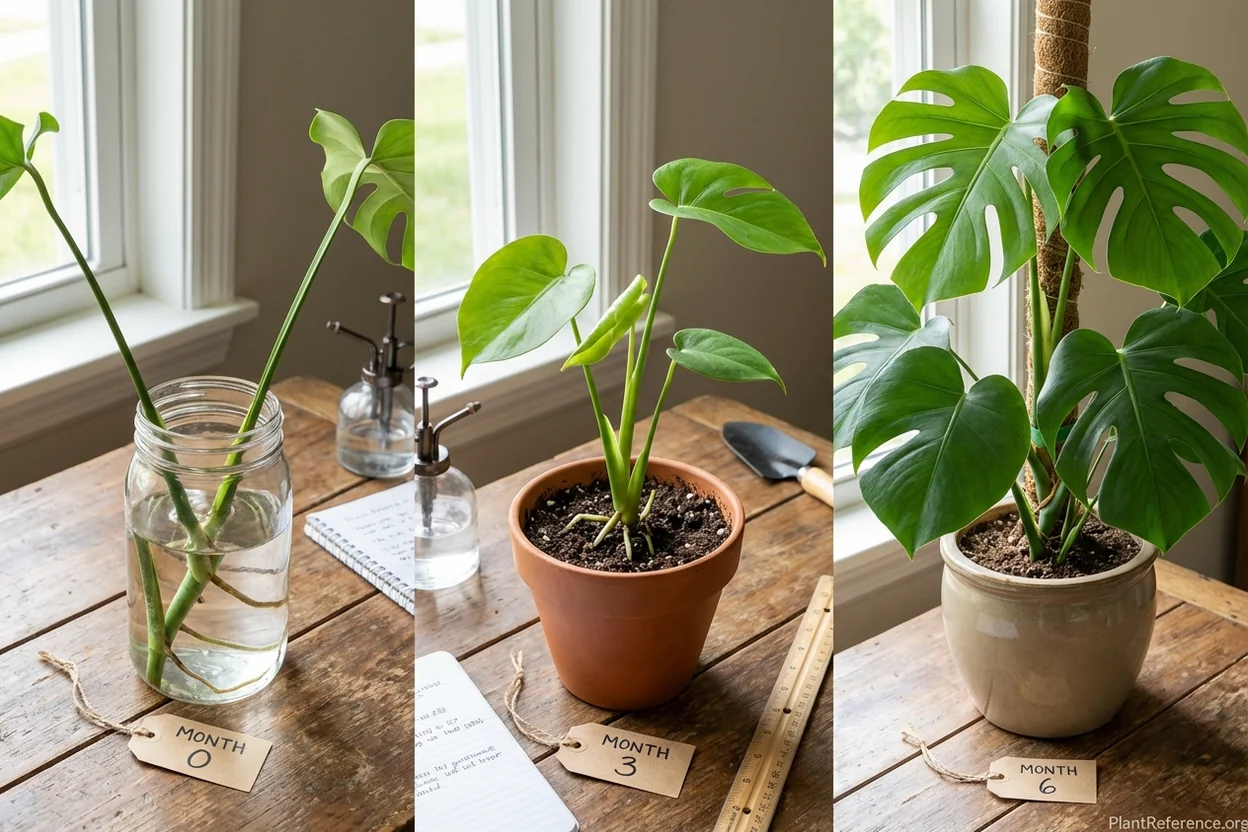 Monstera propagation journey from cutting to established plant showing 6-month growth