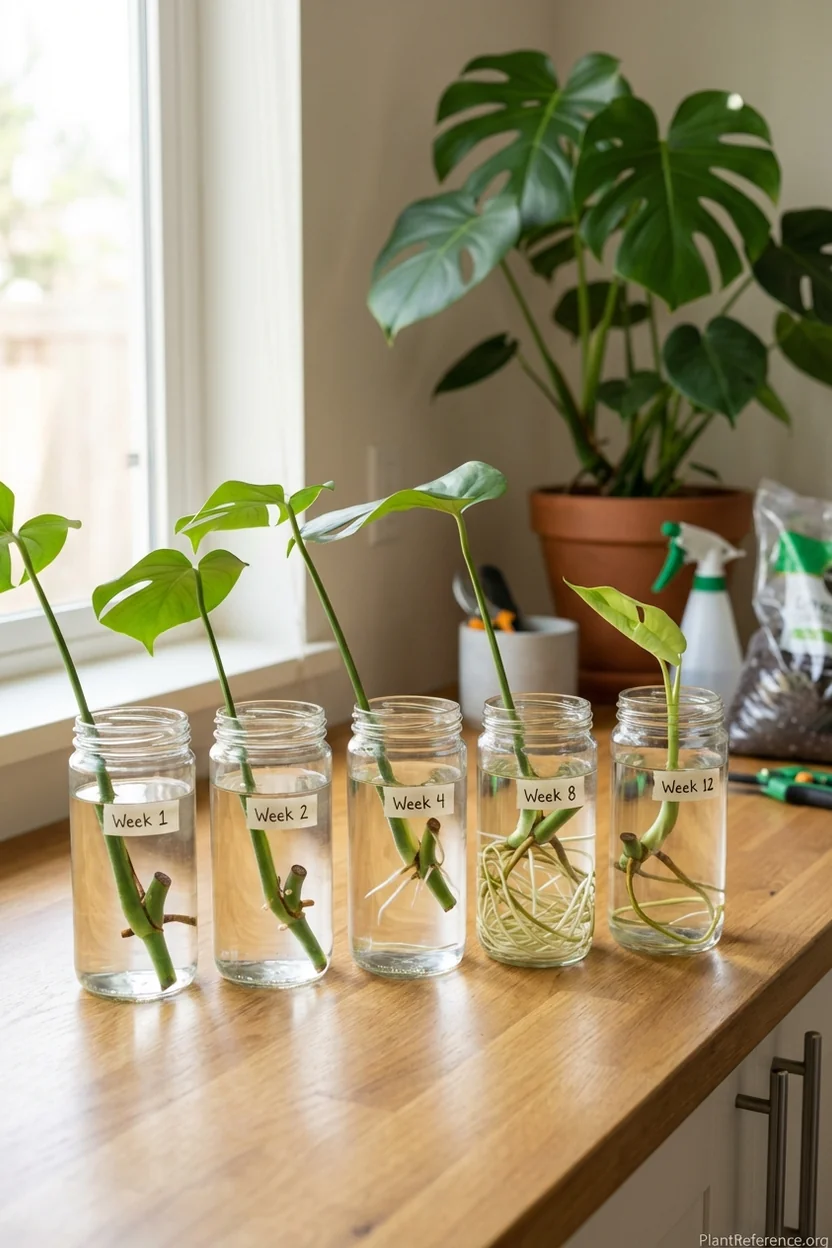 Monstera water propagation timeline showing root development from week 1 to 6