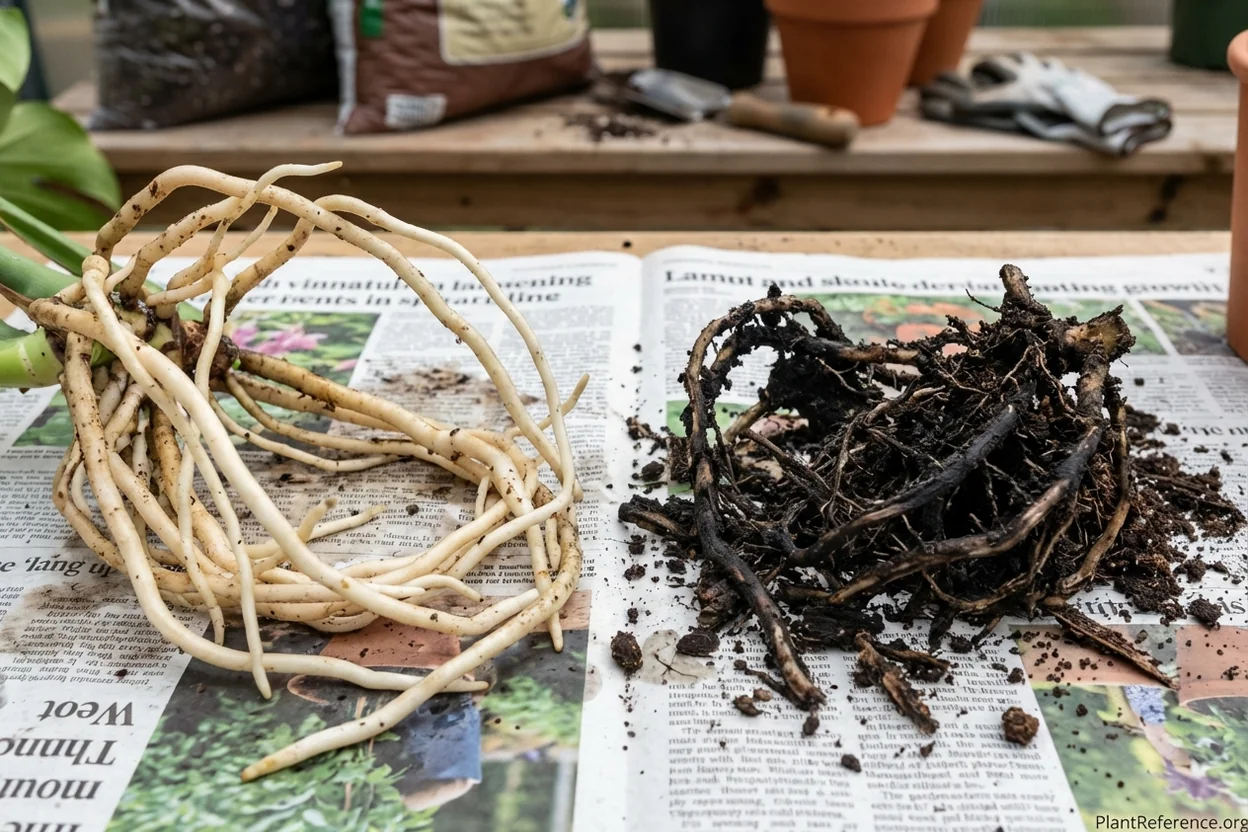 Healthy white monstera roots compared to black rotted roots showing clear difference