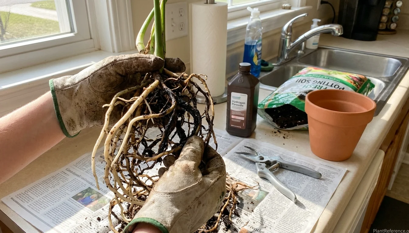 Hands removing black rotted roots from monstera root ball during emergency rescue procedure