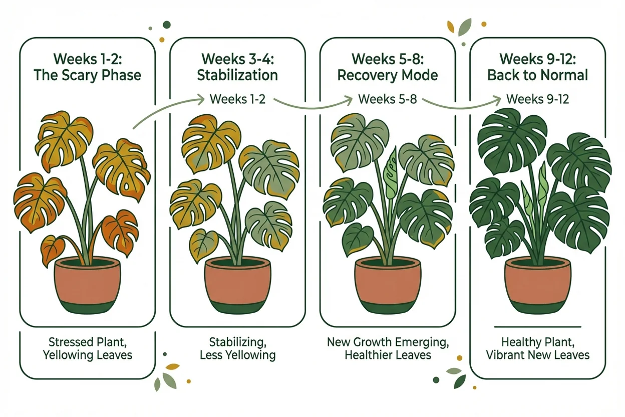 Monstera recovery stages from root rot rescue showing weekly progression over 12 weeks