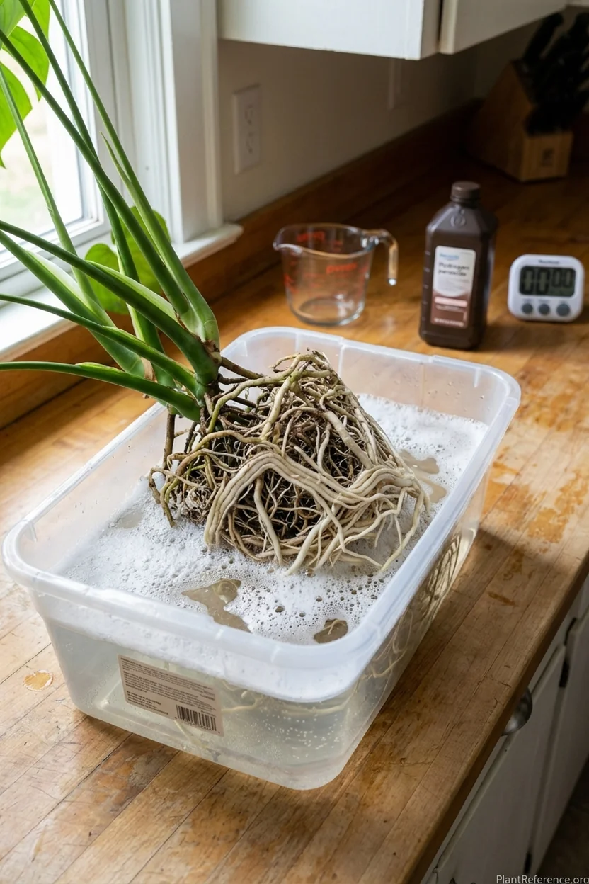 Monstera roots soaking in hydrogen peroxide solution with visible bubbling action