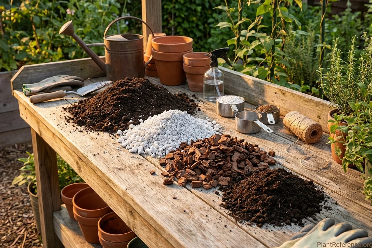 Components of proper monstera soil mix to prevent root rot including bark, perlite, and potting soil