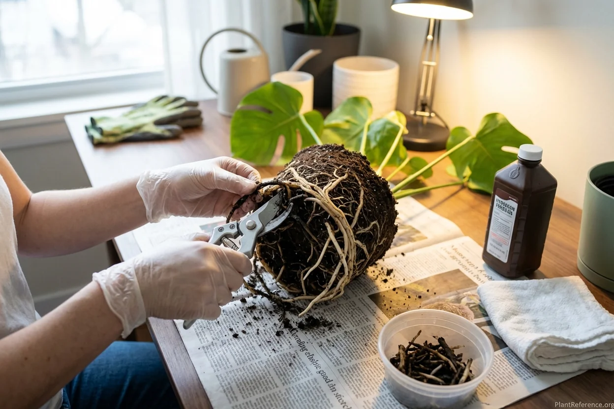 Pruning shears cutting away black rotted roots from monstera during root rot rescue