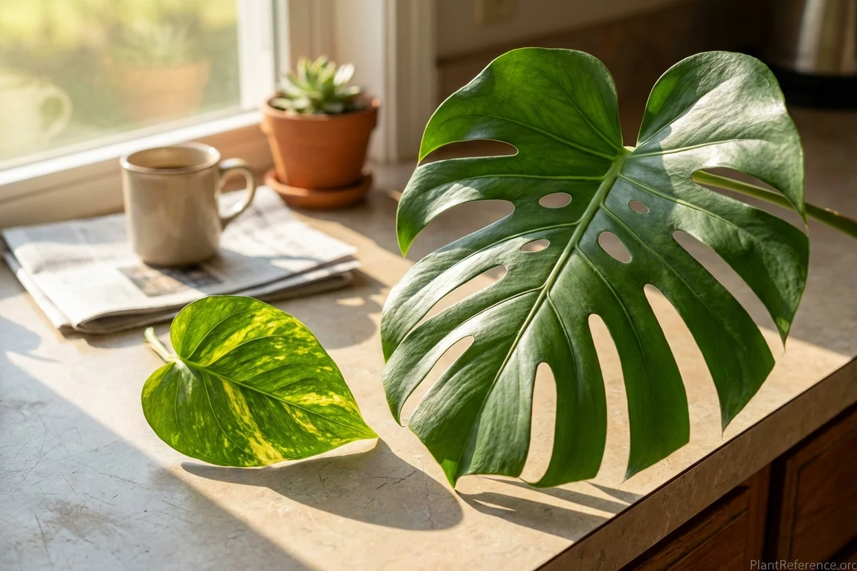 Mature monstera deliciosa leaf with natural holes next to golden pothos leaf showing key identification differences