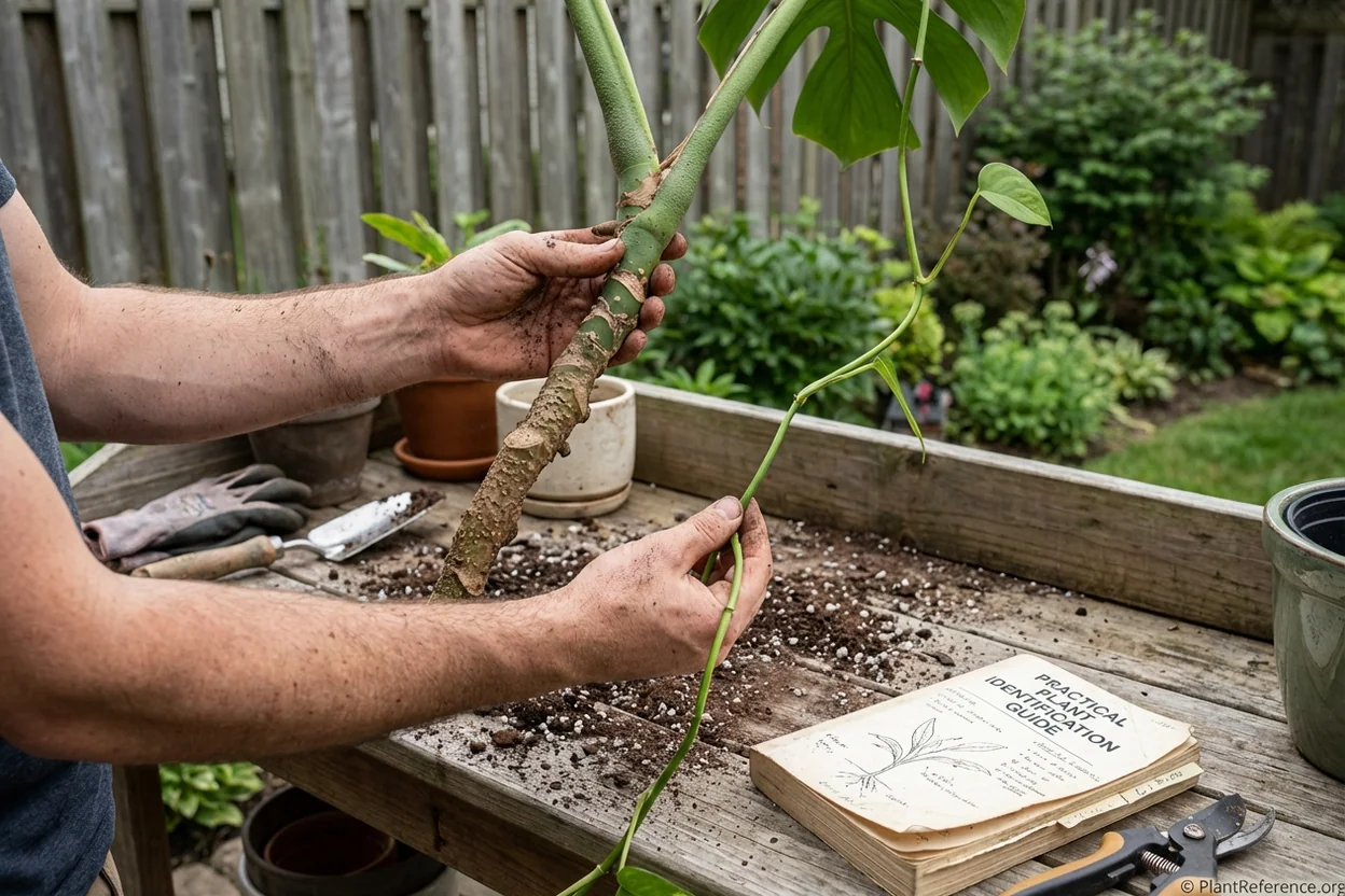 Comparison of thick monstera stem and thin pothos vine held in hands showing identification technique