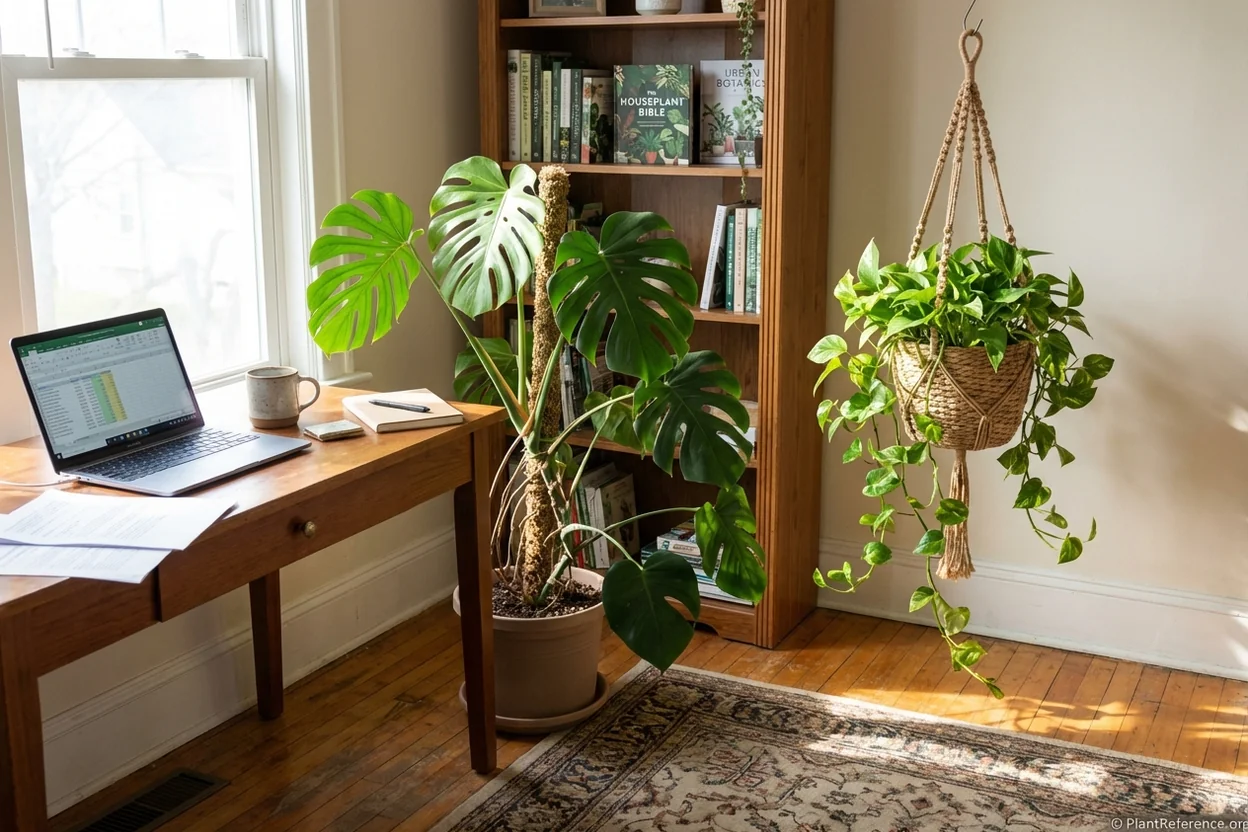 Monstera deliciosa climbing moss pole beside golden pothos trailing from hanging basket showing care differences