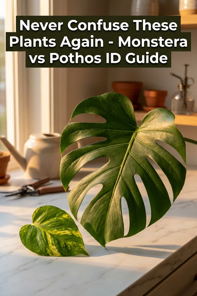 Visual guide comparing monstera and pothos leaves with identification tips for plant enthusiasts