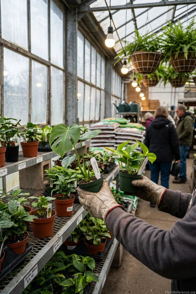 Plant enthusiast examining botanical names and leaf differences at garden center to identify monstera versus pothos