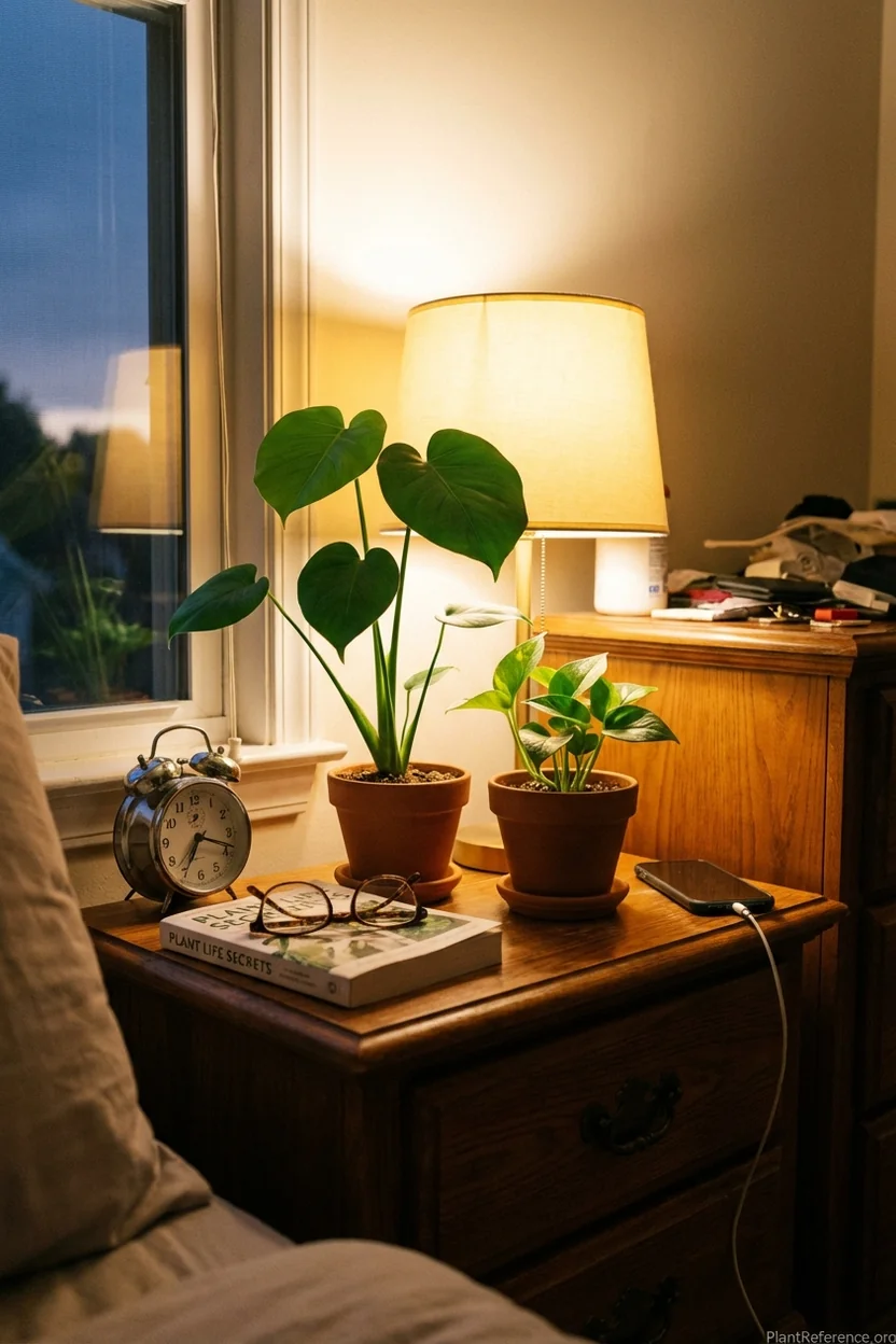 Juvenile monstera and pothos plants with similar heart-shaped leaves showing identification challenge for beginners