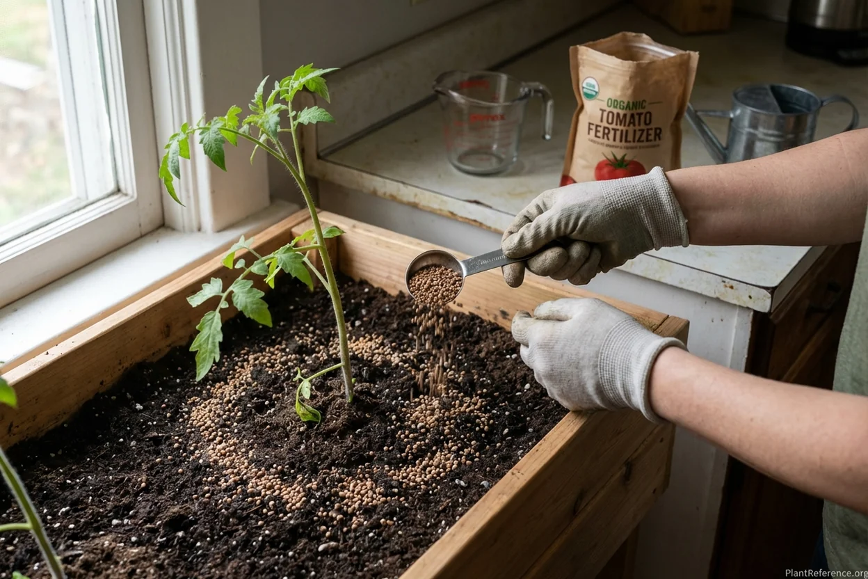 Gardener applying measured organic fertilizer granules around tomato plant base in raised garden bed for nutrient deficiency treatment