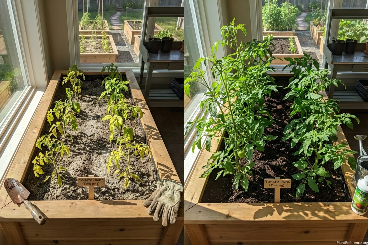 Before and after comparison of raised bed plants showing recovery from nutrient deficiency after proper fertilization treatment