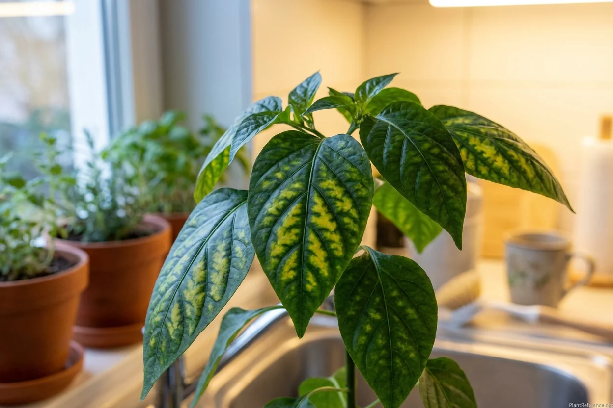 Pepper plant leaves displaying magnesium deficiency interveinal chlorosis in raised garden bed with green veins and yellow tissue