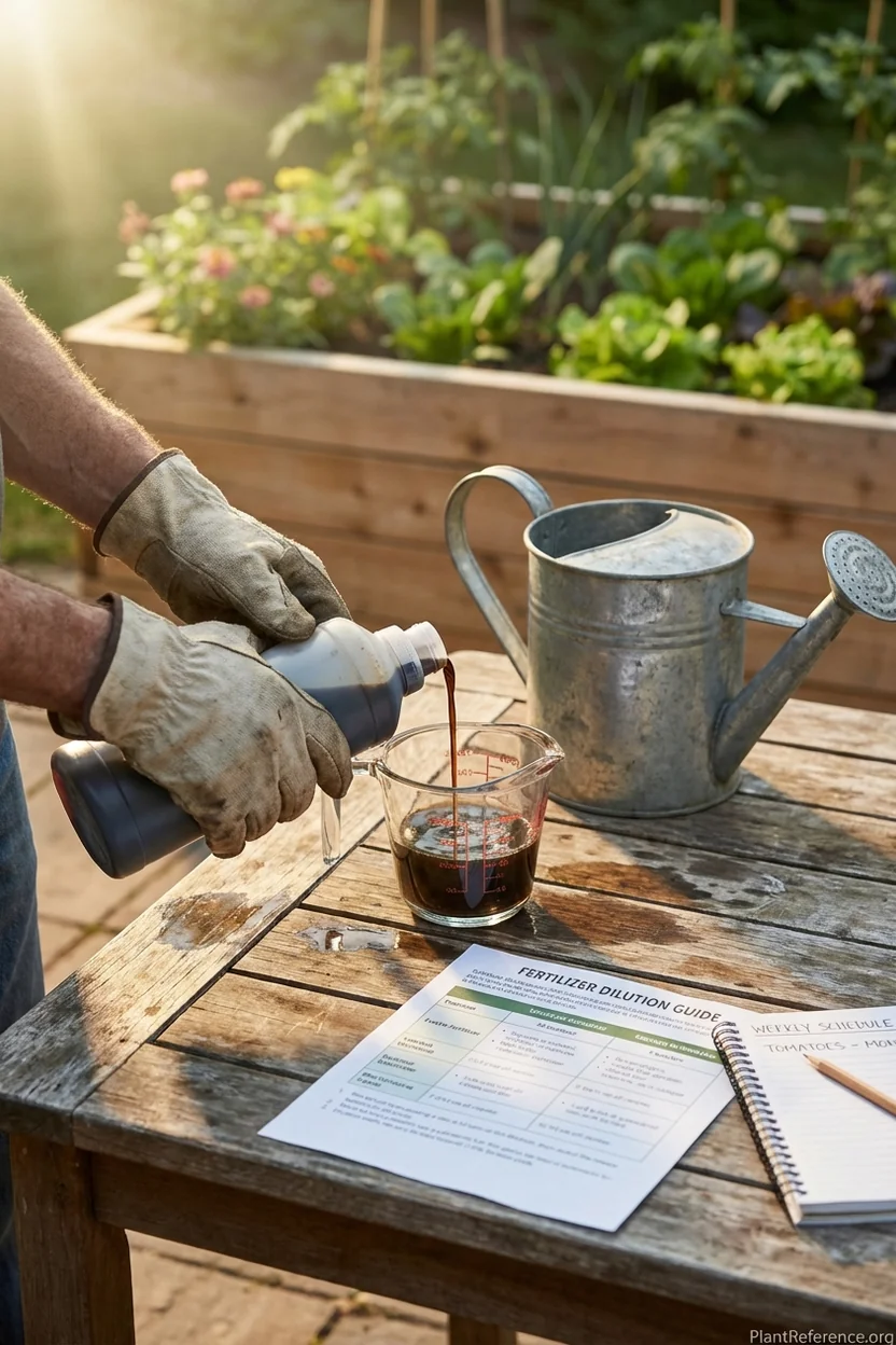 Hands measuring and mixing liquid fertilizer concentrate in watering can with proper dilution ratios for raised bed application