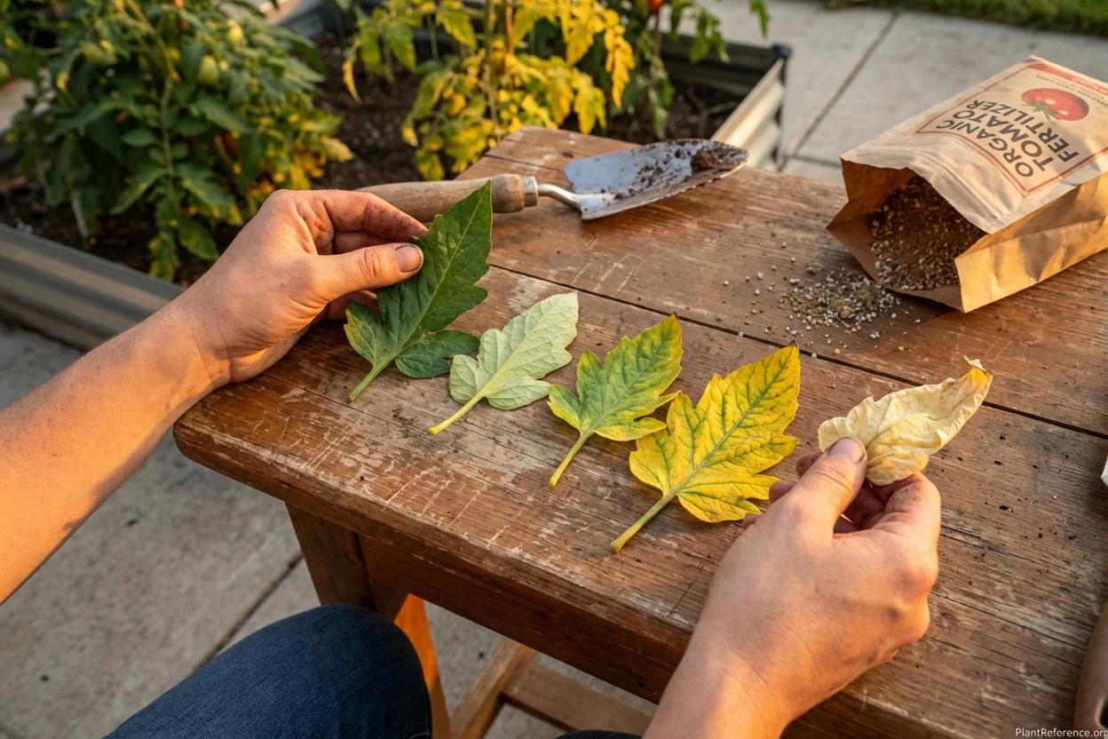 Hands examining tomato leaves showing progressive nitrogen deficiency stages from green to yellow in raised garden bed
