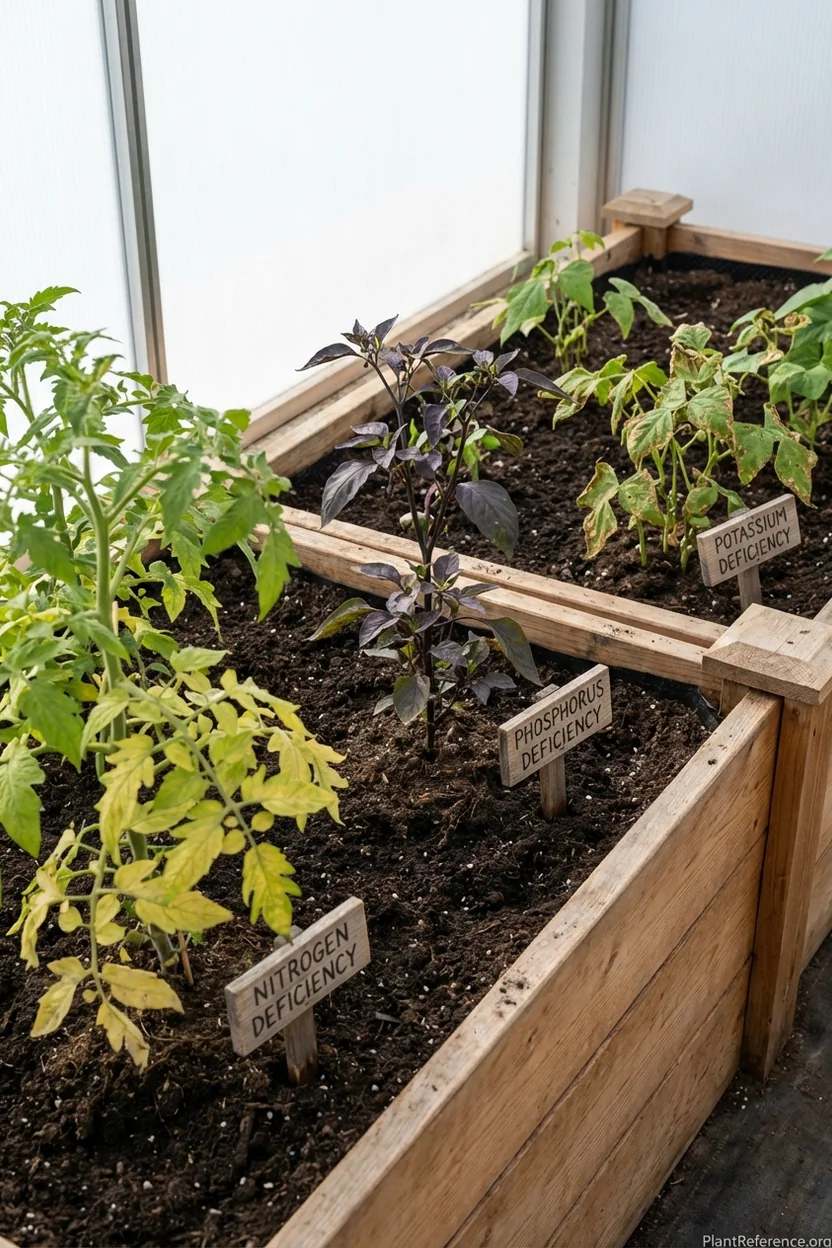 Side-by-side comparison of nitrogen, phosphorus, and potassium deficiency symptoms in raised bed plants for visual diagnosis