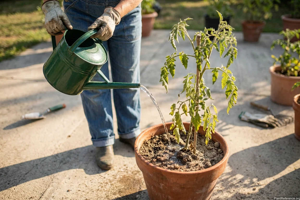 Proper technique for emergency watering of severely dehydrated container tomato plant