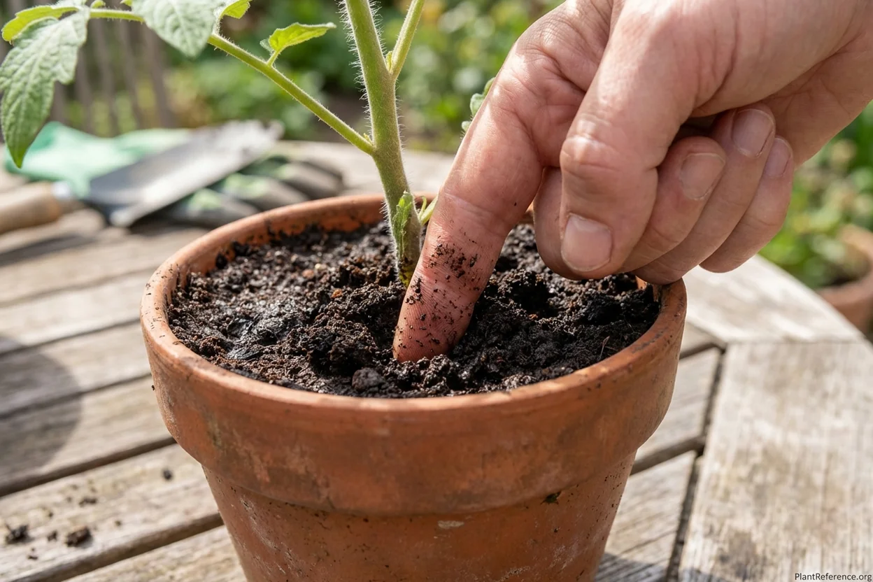 Person performing finger test to check soil moisture 2 inches deep in tomato container