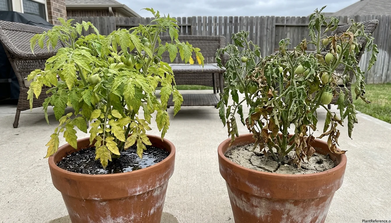 Side-by-side comparison showing overwatered tomato plant signs vs underwatered container tomato symptoms