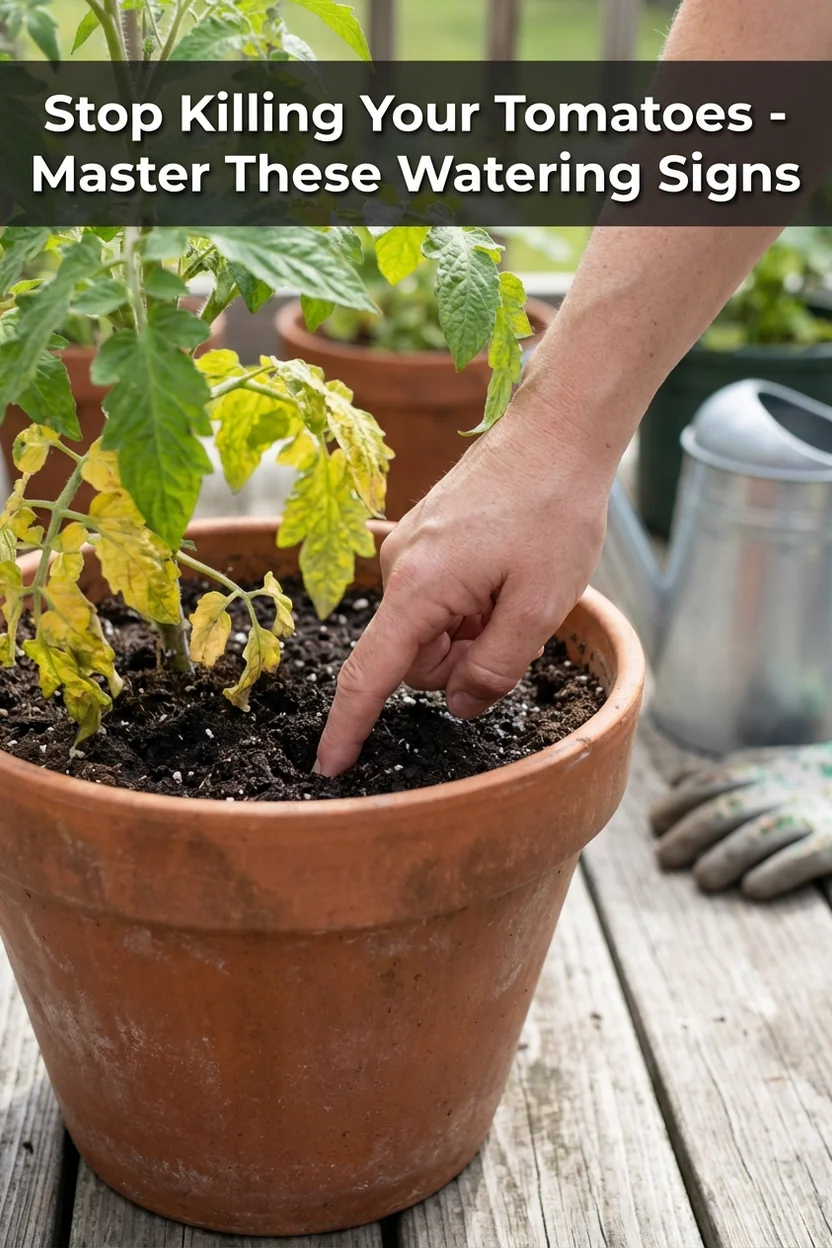 Person testing soil moisture in tomato container to identify overwatered plant signs