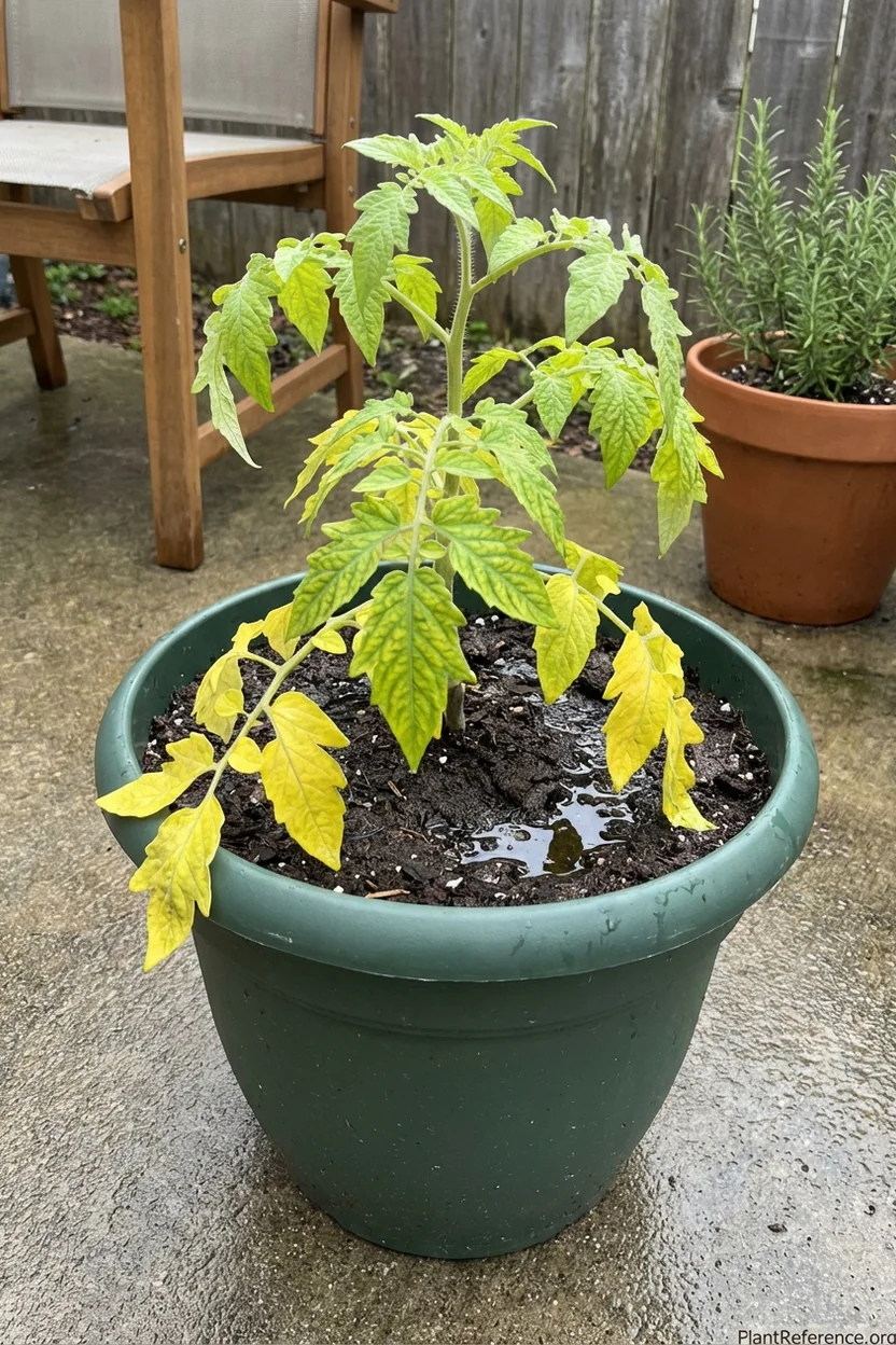 Overwatered container tomato plant displaying yellowing lower leaves and wilting symptoms