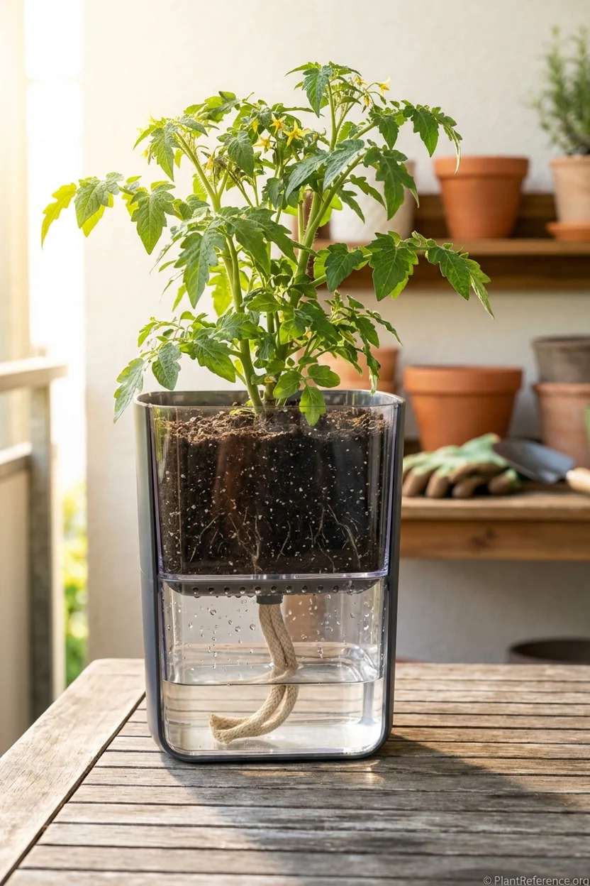Self-watering container system for tomatoes showing reservoir and automatic moisture regulation