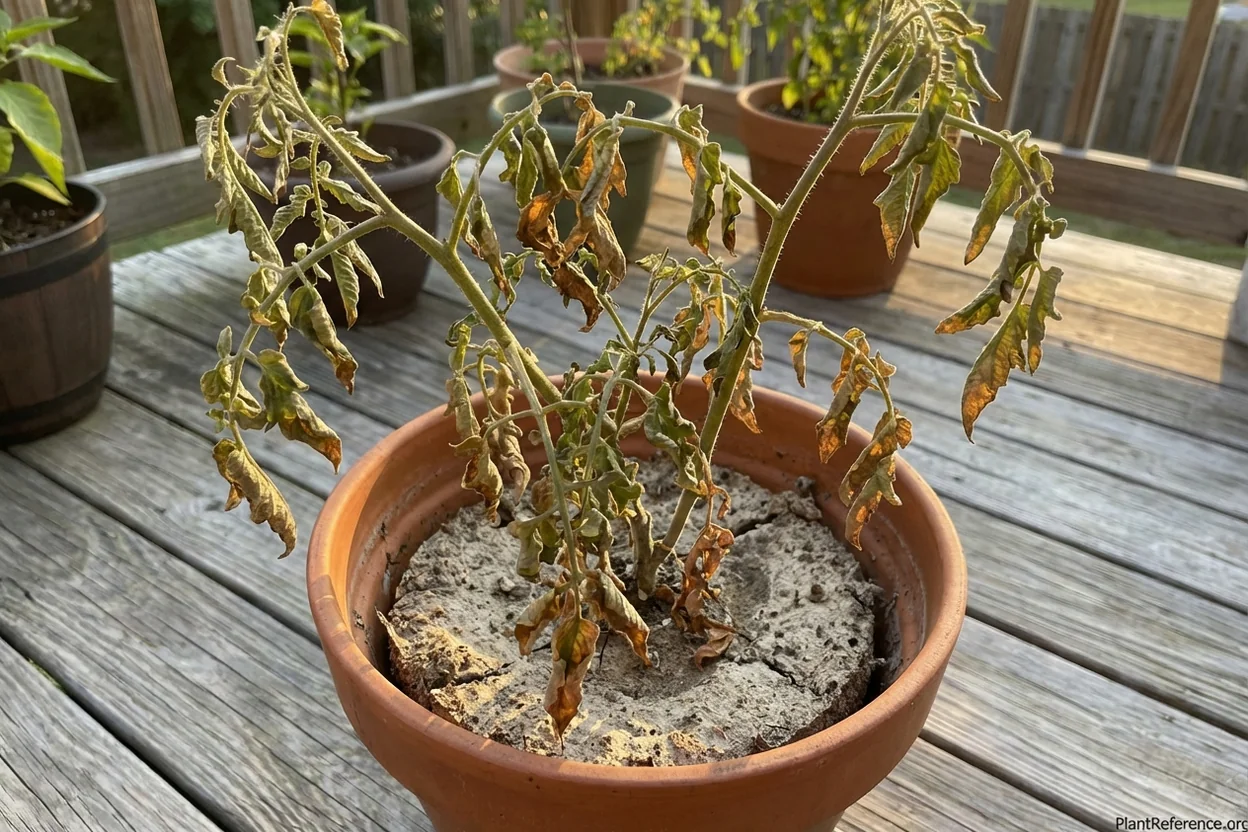 Underwatered container tomato with crispy brown leaf edges and dry cracked soil