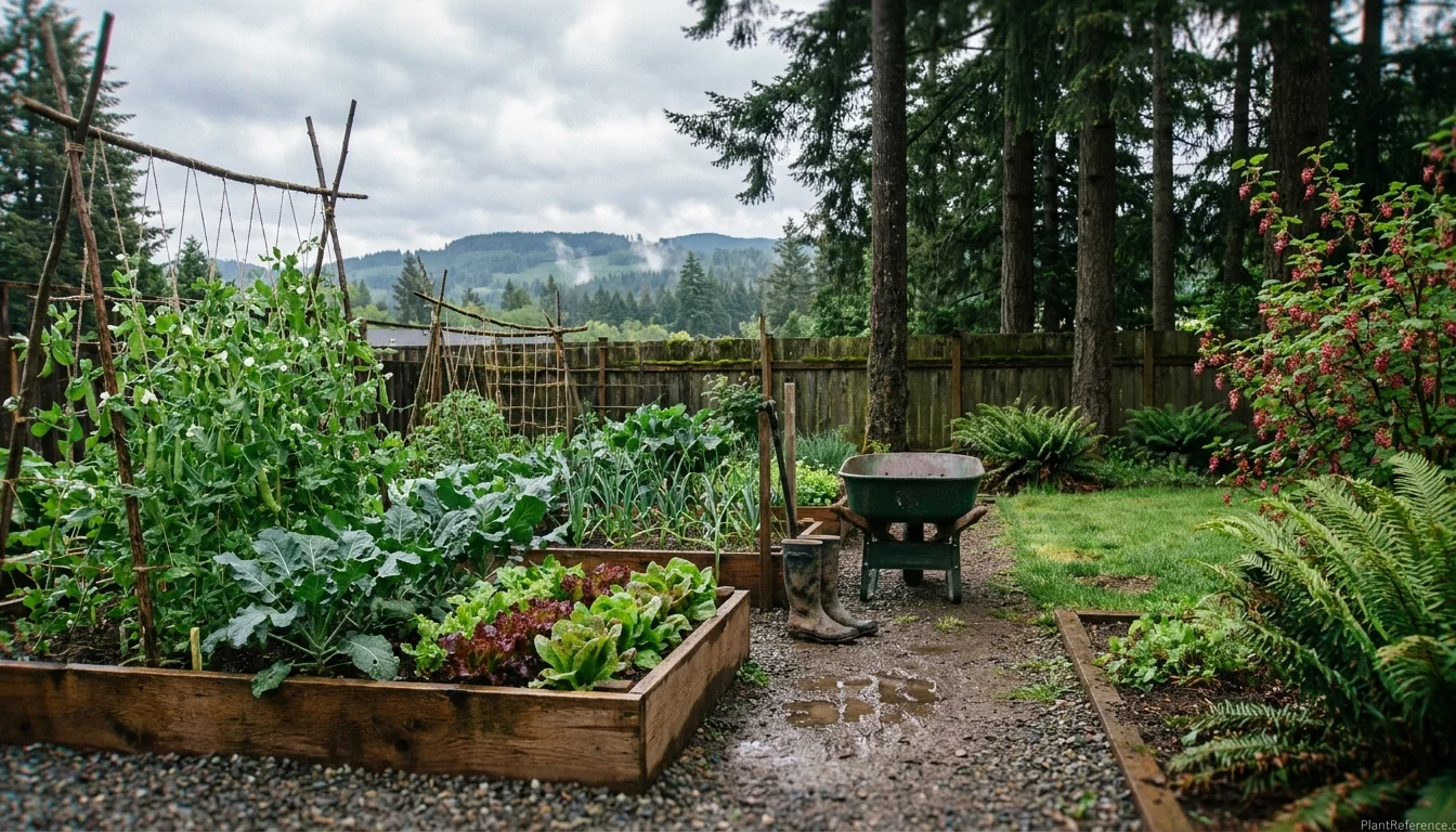 Pacific Northwest backyard garden with cedar raised beds, native shrubs, and Cascade mountains in distance