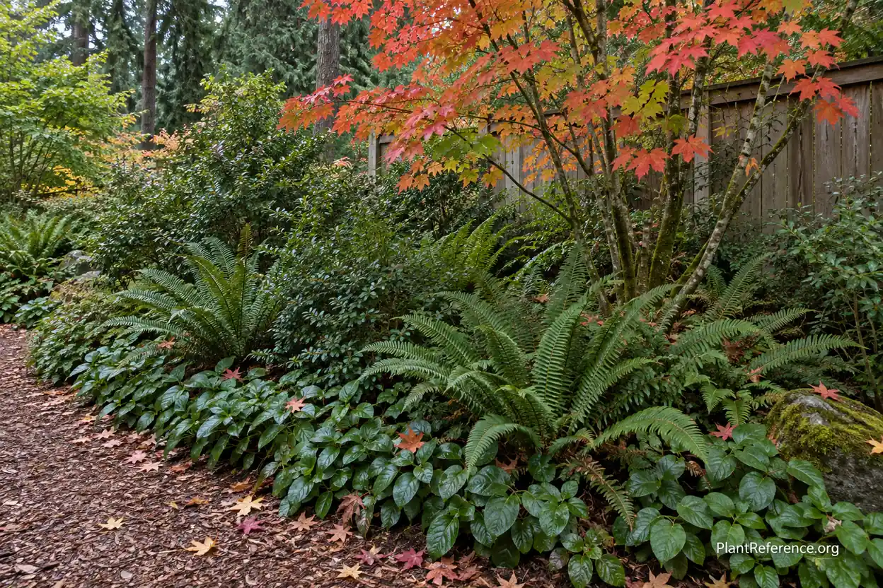 Established Pacific Northwest native plant garden with layered shrubs ferns and groundcover