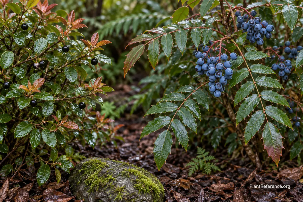 Evergreen huckleberry and Oregon grape with berries in a Pacific Northwest shade garden
