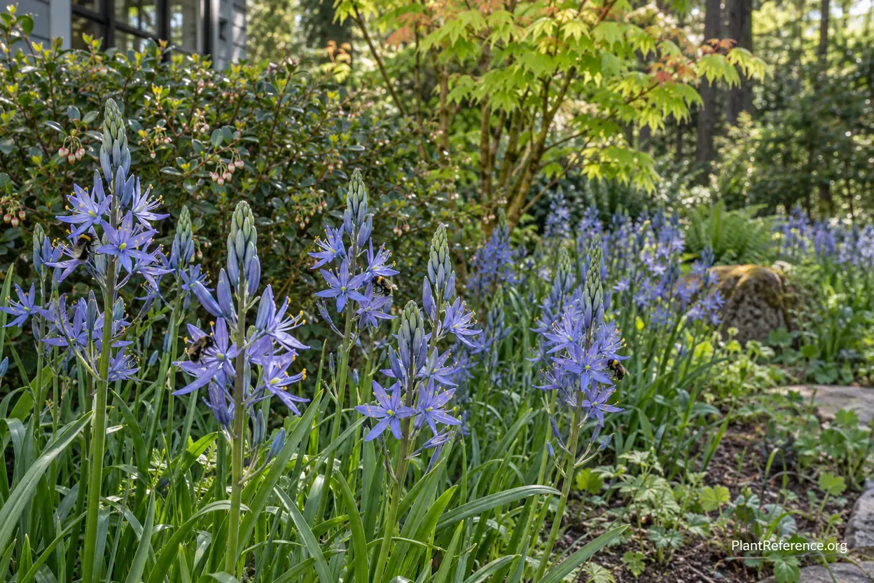 Layered Pacific Northwest native border with blue camas lily blooms and pollinators