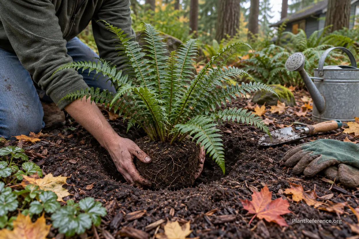 Gardener planting western sword fern in a Pacific Northwest shade bed in autumn