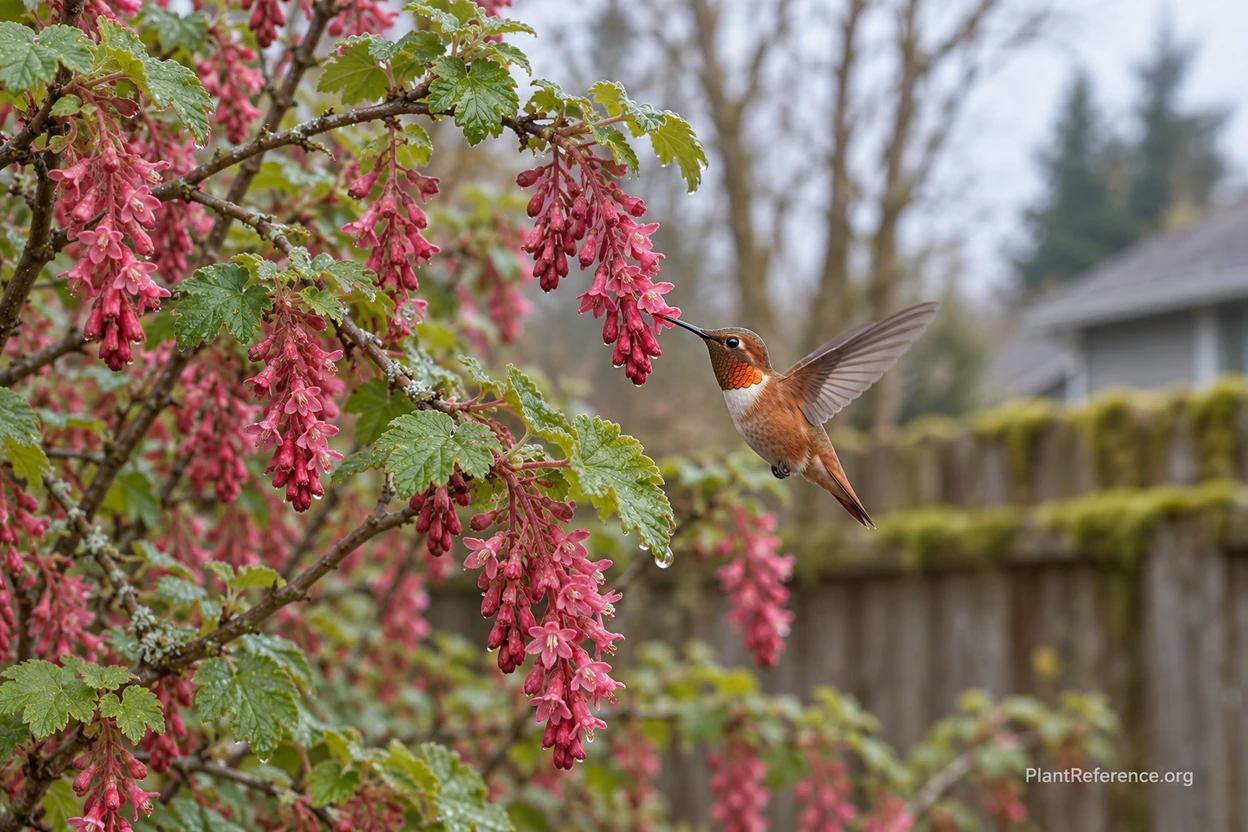 Red-flowering currant blooming in a Pacific Northwest spring garden with a hummingbird nearby