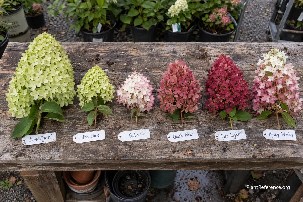 Flower heads of Limelight, Little Lime, Bobo, Quick Fire, Fire Light and Pinky Winky panicle hydrangea varieties compared