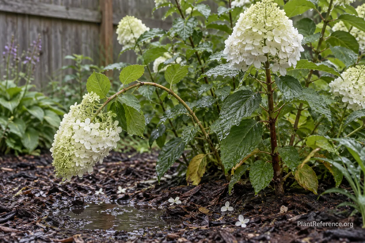 Panicle hydrangea stem flopping under heavy rain-soaked flower next to an upright stem on a stronger cultivar
