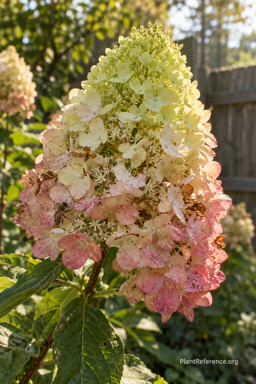 Panicle hydrangea flower cone aging from lime green to pink, showing Hydrangea paniculata color progression