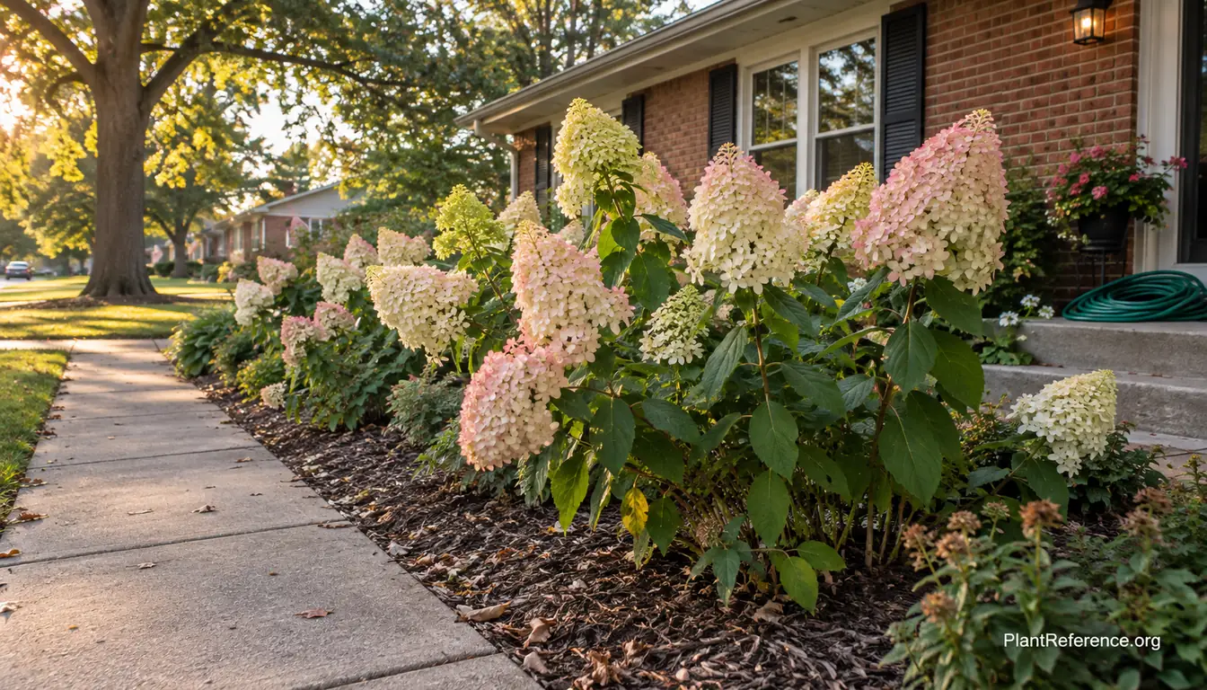 Panicle hydrangea shrubs in full bloom along a front walk with lime-green and pink cone-shaped flowers