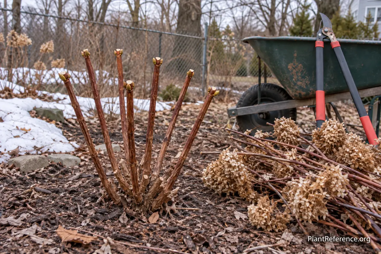 Limelight panicle hydrangea pruned in late winter to a framework of strong stems about 30 inches tall