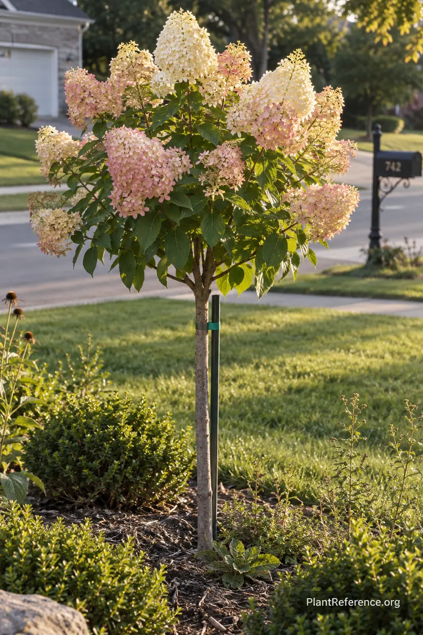 Tree-form Hydrangea paniculata standard with single trunk and rounded canopy of cream and pink flowers