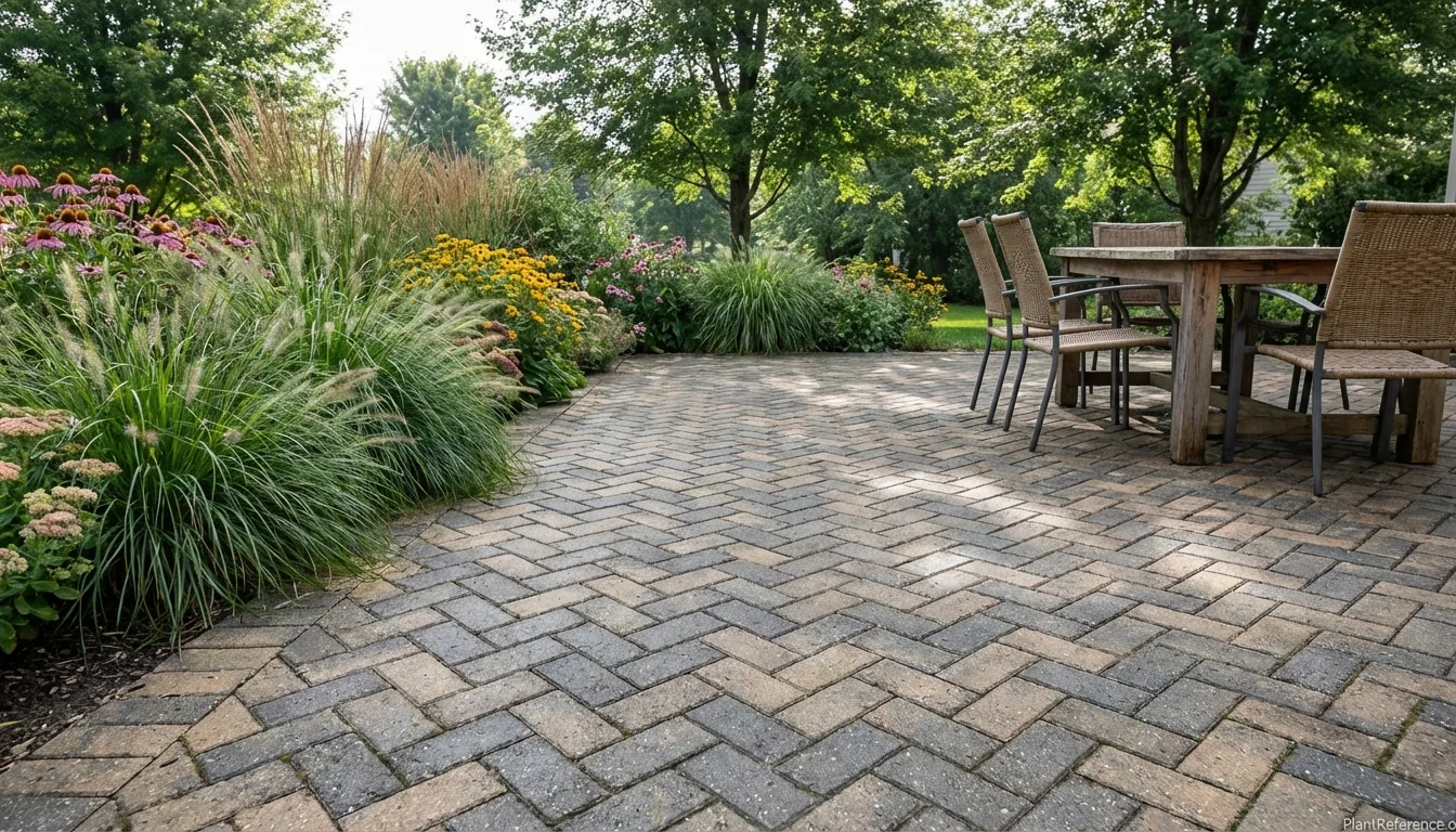 Backyard patio with charcoal concrete pavers in herringbone pattern showing durable residential hardscape installation