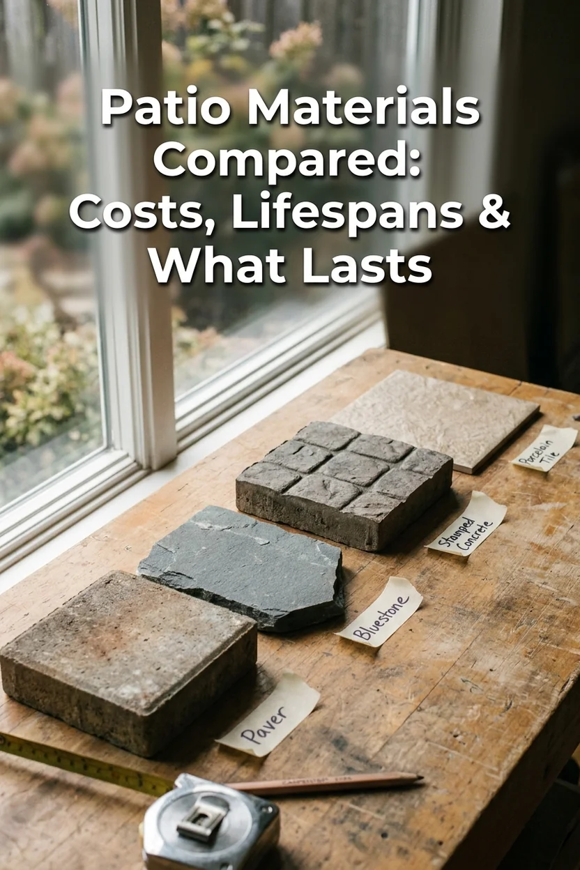 Patio materials comparison showing concrete pavers natural stone poured concrete and porcelain with costs and lifespans