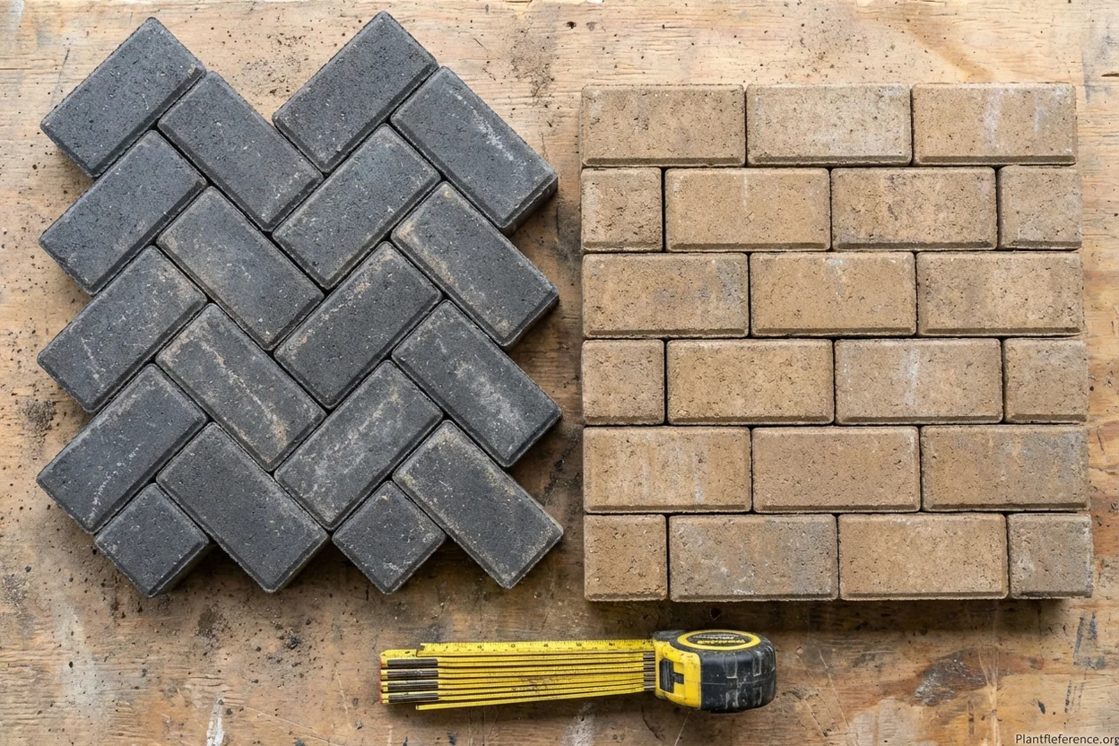 Concrete pavers in herringbone and running bond patterns showing different structural and aesthetic results