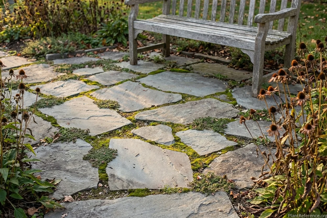 Irregular flagstone patio with creeping thyme in joints in established residential cottage garden