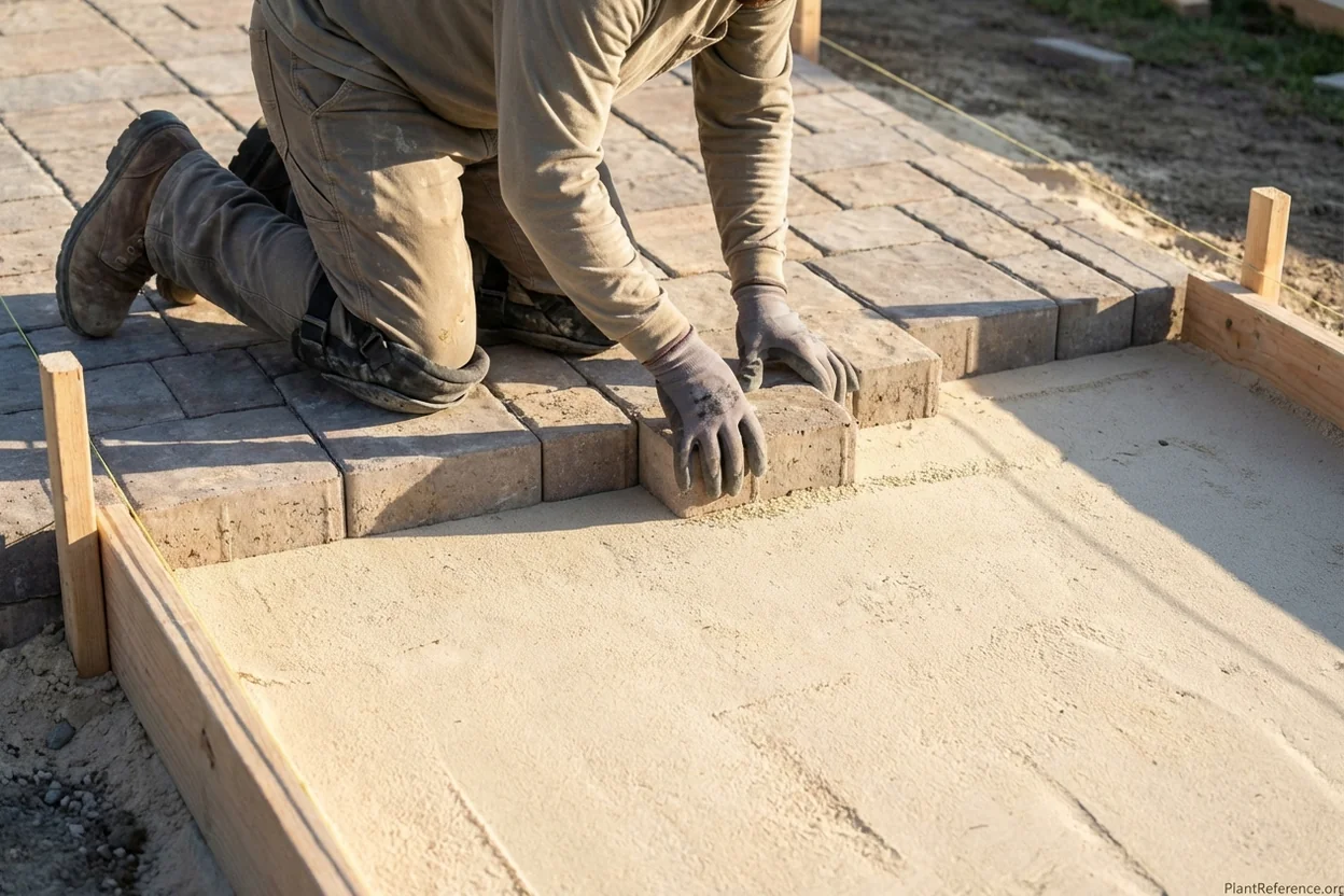 Paver patio cross section showing compacted aggregate base sand bed and pavers with proper layer depths