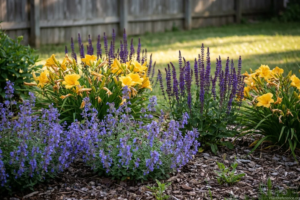 Blue catmint, gold daylilies and violet salvia blooming together in a sunny perennial border